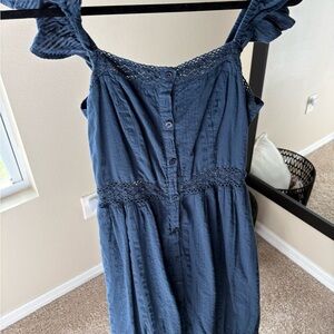Blue Button-Down Dress with Ruffle Straps